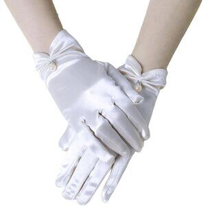 Women's White-2 Short Satin Pearl Bow Wrist Gloves Bridal Wedding Party Prom